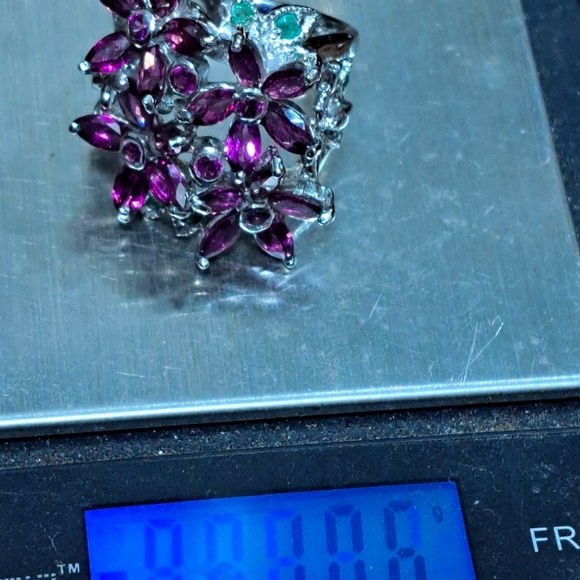 Unheated Rhodolite Garnet marquis cut w Emerald accent 925.sterling 14kwgp SZ 7 - Picture 7 of 9